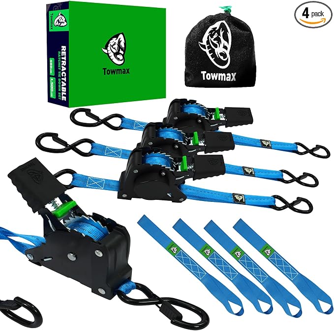 Retractable Ratchet Straps(4 Pack) - 1in x 10ft Self Retracting Ratchet Straps with Soft Loops, 1,500 lbs Break Strength Retractable Tie Down Straps, Easy Retract for Motorcyle, Cargo, Truck, Trailer