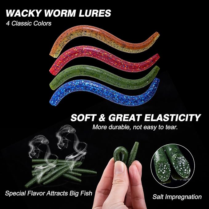 Goture 143pcs Wacky Worm Fishing Lure Kit,Bass Fishing Wacky Rig Tool Kit | Includes 4in/5in Soft Plastics Lures, Rig Tool, O-Rings, Worm Hooks, Drop Shot Hooks, Tackle Box