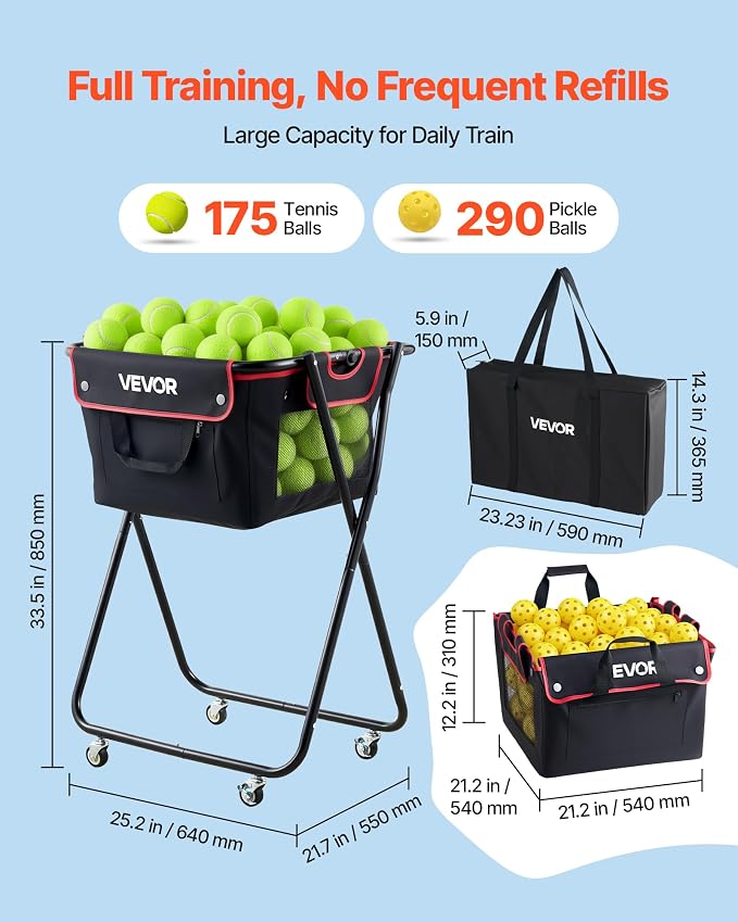 VEVOR Tennis & Pickleball Hopper Holds 200/175/150/120 Balls, 3-in-1 Tennis Foldable Pickleball Basket Cart for Easy Installation, Storage Bag for Tennis Training & Teaching