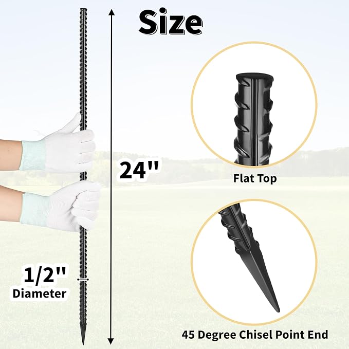 Besitu 24 Inches Straight Rebar Stakes(20-Pack), 1/2" Diameter Steel Metal Stakes for Garden with Chisel Point End Heavy Duty Ground Anchors for Landscape, Concrete Form, Camping & Trapping Black