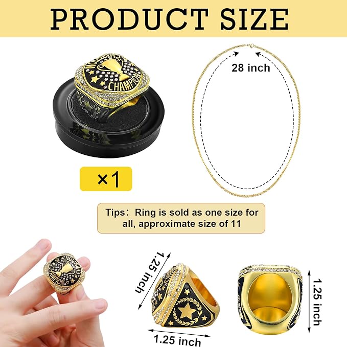 Highergo 1 PC Champion Mvp Rings Baseball Soccer Basketball Volleyball Football Softball Trophy Ring with Display Stand and Neck Chain Size 11 for Winner Tournament Award Gift(Baseball)