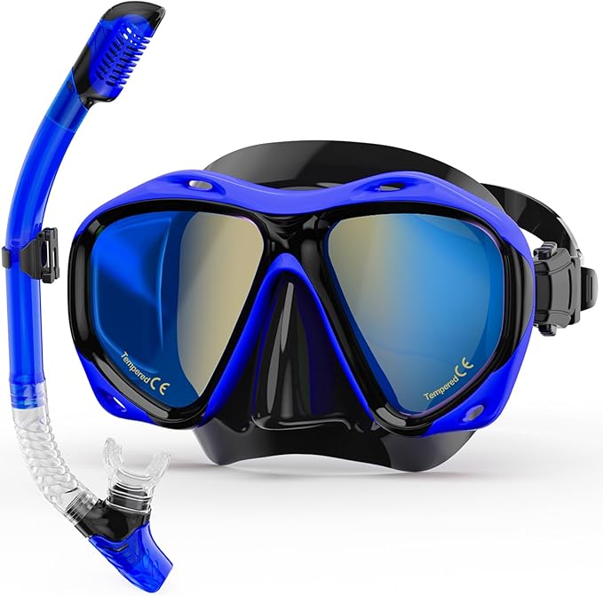 Snorkeling Gear for Adults, Snorkel Mask With Mirrored Tempered Glass Lens 180° Wide View Anti-Fog Scuba Diving Mask, Professional Snorkel Set for Swimming Diving, Gifts for Women Mom Men Dad