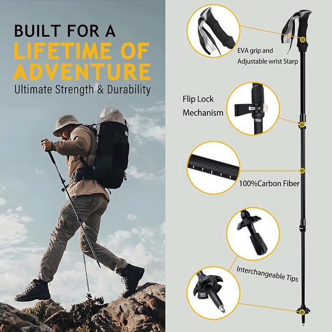 Carbon Fiber Trekking Poles – Collapsible and Telescopic,EVA Grips, Quick Flip Locks & All-Terrain Accessories,Ultralight Hiking Poles for Backpacking Camping [2pack]