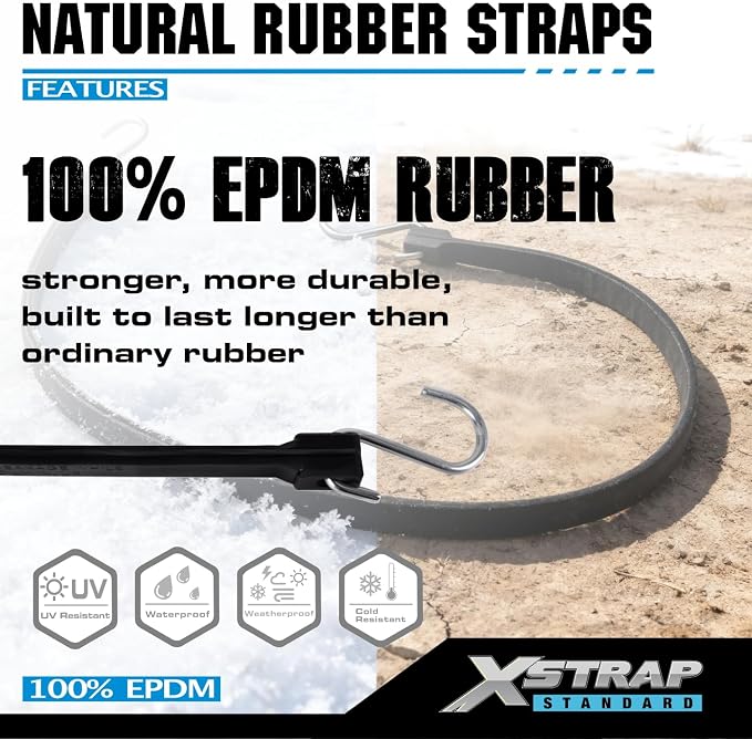 XSTRAP STANDARD 20 Pack Multiple Size Natural Rubber Tarp Bungee Straps 100% EPDM Tie Down Cords with S Hooks Heavy Duty Ideal for Securing Tarps