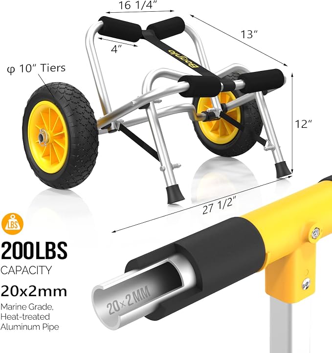 Bonnlo Kayak Cart Canoe Dolly Fishing Kayak Accessories Carrier Foldable Paddle Board Trolley Boat Trailer Transport with NO-Flat Airless Tires Wheels and 2 Ratchet Straps