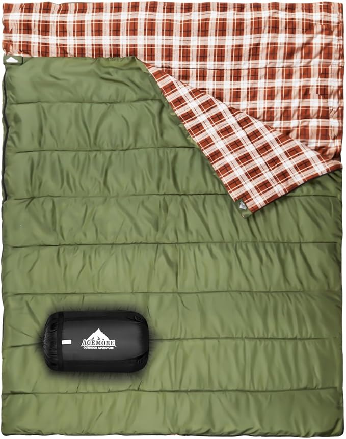 Cotton Flannel Double Sleeping Bag for Camping, Backpacking Or Hiking. Queen Size 2 Person Waterproof Sleeping Bag for Adults Or Teens. Lightweight with Compression Sack