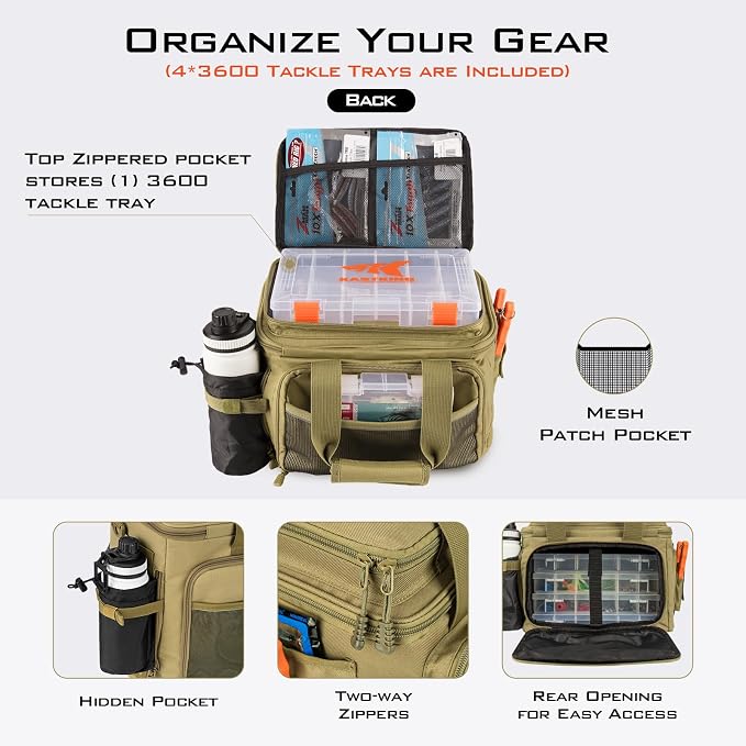 KastKing Karryall with Box Tackle Bag, Saltwater & Freshwater Gear Storage | 4 x 3600 Tackle Trays are included, Water-resistant, Padded Shoulder Strap, 20L, Store up to (6) 3600 size Lure Boxes