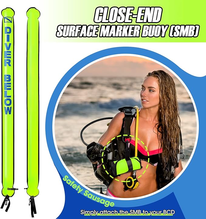 Surface Marker Buoy Set, 6ft Hi-Visibility Inflatable Closed Bottom Signal Tube Safety Sausage with 100ft/30m ABS Finger Spool Reel and Snap Kit for Underwater Scuba Diving