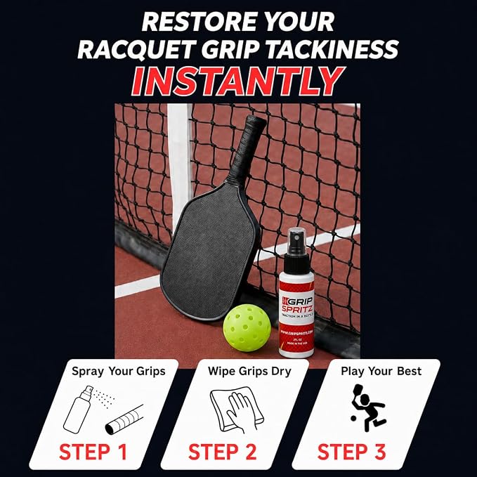 Grip Spritz Pickleball Grip Spray | Restores Racquet Grip Tackiness for Sweaty Hands | Pickleball Paddles, Tennis Rackets, Padel & Squash