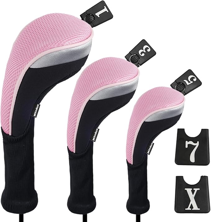 Andux 3pcs/Set Golf 460cc Driver Wood Club Head Covers Long Neck | for Driver Fairway Wood with Interchangeable No. Tags Mesh Breathable material Coloured Piping Pull-On Closure
