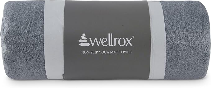 Wellrox Microfiber Yoga Mat Towel with Grip – Ultra Absorbent, Super Soft, and Quick Dry Hot Yoga Towel Non Slip for Pilates, Bikram, and Fitness Workouts (74” x 26”, Grey)