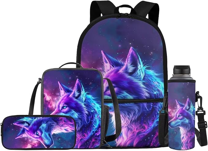 Wolf Backpack for Girls School Bag with Lunch Box Pencil Case Water Bottle Set Elementary School Bookbag Lightweight School Bag Daypack Set 4 in 1