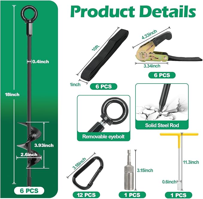 Trampoline Anchors, 6 Pack 18" RV Awning Tie Down Kit with6 Ratchet Straps, Heavy Duty Screw-in Stakes for Trampolines, RV Awnings & Swing Sets