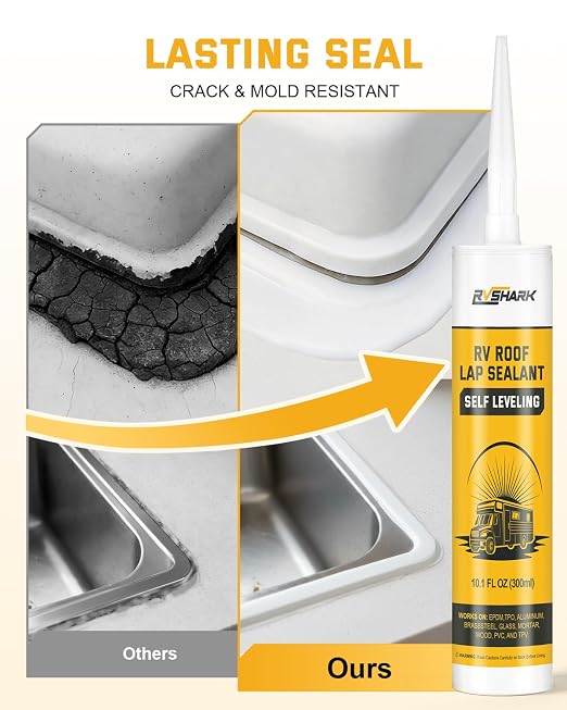 RV Roof Sealant 4 Pack, 30 Seconds Self Leveling Lap Sealant – White, Fast Curing Waterproof Flexible Caulk RV Sealant with Gloves for Camper Trailer Roofs Maintenance Repair