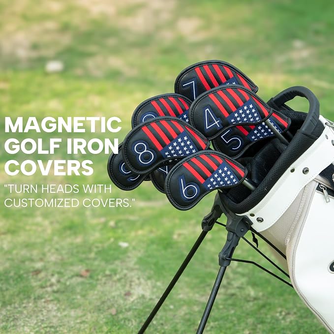 Magnetic Golf Iron Covers Premium Leather Iron and Wedge Golf Club Head Covers - Set of 10 Fits Most Clubs USA American Flag Head Cover Set Headcovers for Irons