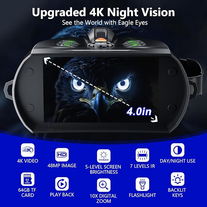 4K Night Vision Goggles, 4.0" HD Screen Night Vision Binoculars with 5000mAh Rechargeable Battery, 64GB TF Card for Photo & Video, Infrared Binocular for Adults, Camping, Wildlife Observation