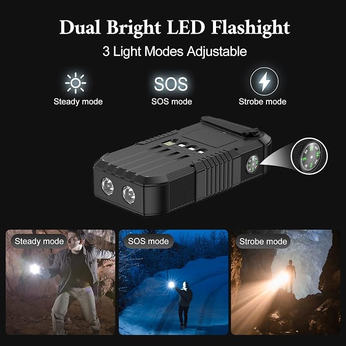 Solar Power Bank 66800mAh Built in Hand Crank and 4 Cables 22.5W Fast Charge, Camping Essentials with SOS/Strobe/Strong Flashlights, Compass Portable Charger (Black)