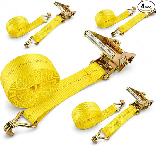RHBLME Ratchet Straps Heavy Duty Pack of 4, 2 Inch Ratchet Straps with Double J Hook, 16.4 Ft Tie Down Straps for Securing and Moving Cargo, Motorcycles, 10000 LBS Break Strength