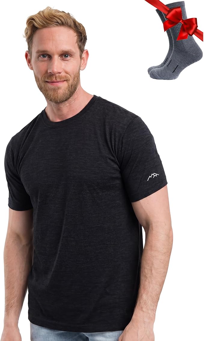Merino Wool T-Shirt Mens - Merino Wool Undershirt Thermal Shirt for Men and Hiking Socks
