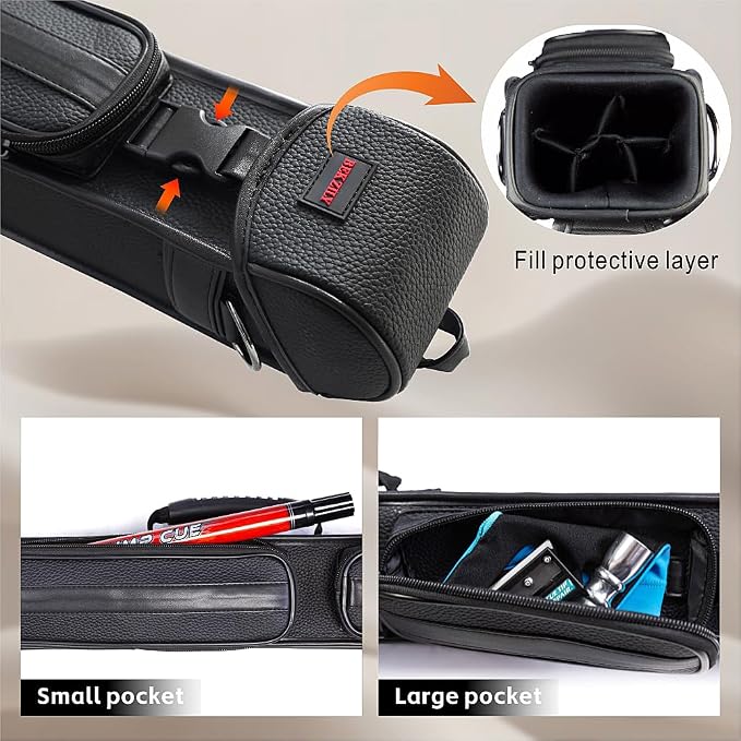 2x3 Billiard Cue Case – Holds 2 Butts & 3 Shafts, PU Leather Exterior, Plastic Buckle Closure, External Accessory Pocket & Towel Hook, Black/Blue/Pink
