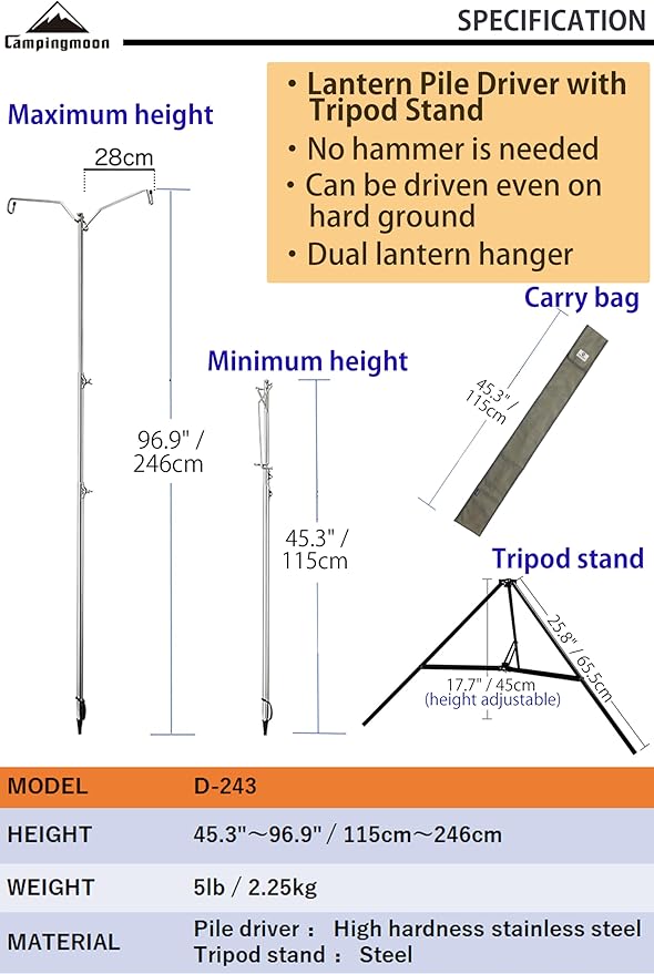 camping moon Heavy Duty Stainless Steel Lantern Pile Driver Height Adjustable with Tripod Stand and Storage Bag D-240, D-243