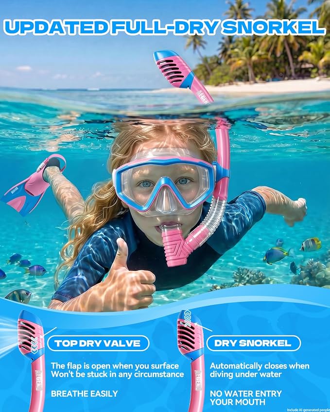 Aegend Snorkeling Gear for Kids Youth – 4-in-1 Snorkel Set with Anti-Fog Mask, Dry Snorkel & Adjustable Fins for Swimming, Diving, Snorkeling, Beach Vacation – Includes Travel Mesh Bag