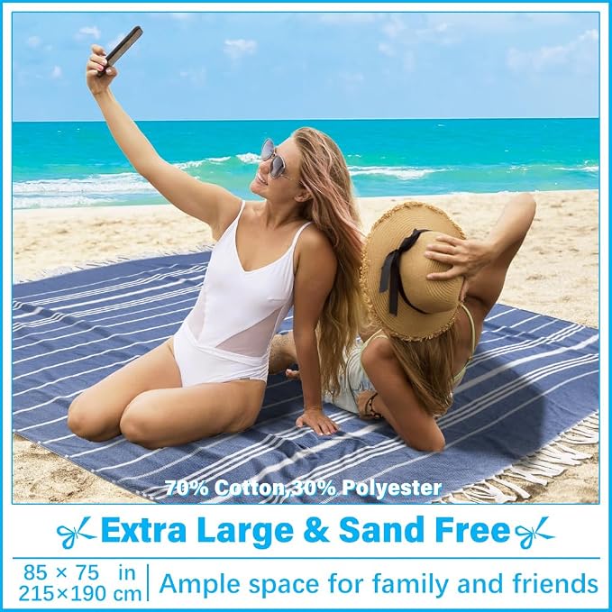 Oversized Turkish Beach Towel Blanket XXL Cotton Sandproof Towels Boho Woven Extra Large Big Sand Free Giant Throw Blankets Huge Quilt XL Picnic Camping Necessities Cloud For Adult Gifts Blue
