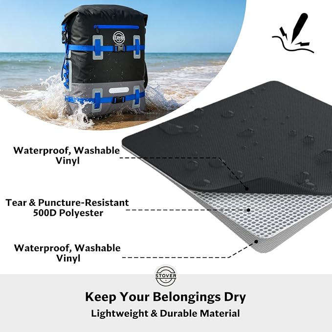 STOVER 55L Waterproof Dry Backpack & Phone Case - 2XL Floating Dry Bag for Kayaking, Travel, Hiking, Fishing, Camping, Motorcycles & Beach, Heavy-Duty Roll Top Men/Women (Black/Grey/Blue)