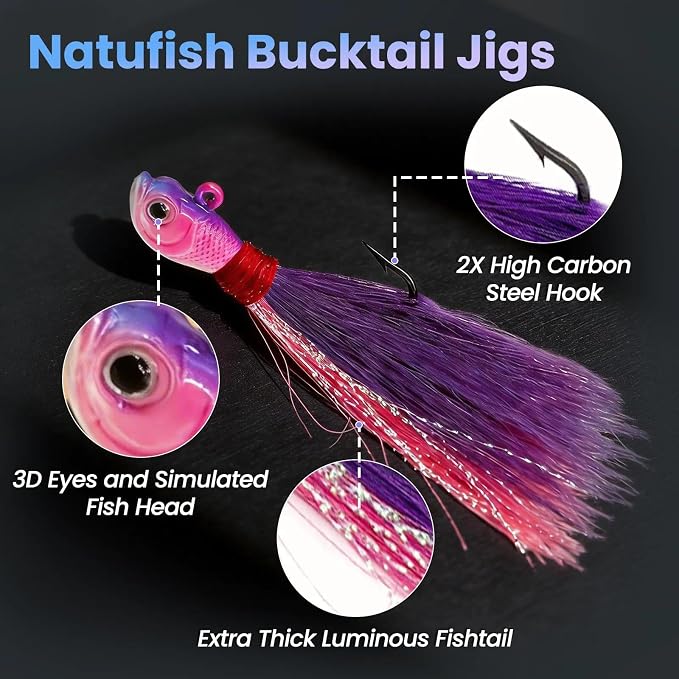 Natufish Bucktail Jigs 3/5Pcs Flash Hair Tail Lifelike Action Saltwater | Fishing Hair Jigs with Natural Deer Hair, 3D Eyes & Sharp Hook Design, Mimic Baitfish Movement 1/4oz-2oz Sizes