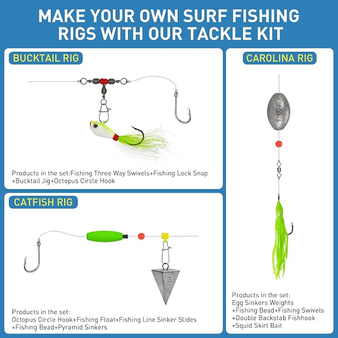 THKFISH Surf Fishing Tackle Kit, Saltwater Gear Set Saltwater Fishing Lures Fishing Bait Rigs Crankbait Spoon Bucktail Jigs Pyramid Sinkers Fishing Hooks Swivels,Perfect Fisherman's Gift