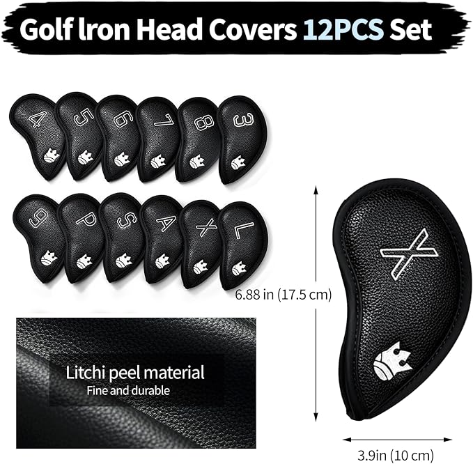 Golf Iron Head Covers Set of 12, PU Leather Golf Club Head Covers with Numbers 3-9 P S A L X, Magnetic-Free Hook & Loop Closure, Iron Headcovers Waterproof, Headcover Fit All Brands