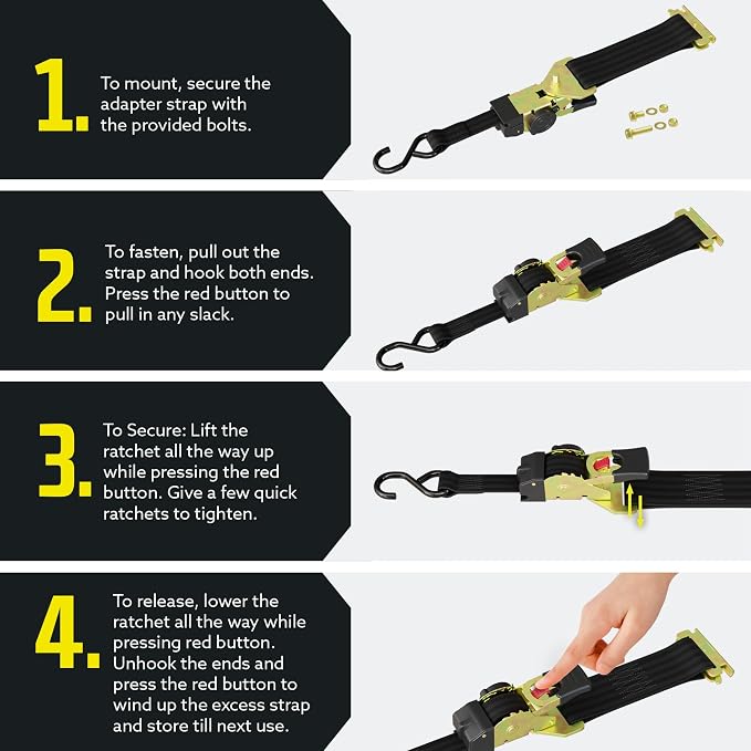 DC Cargo Mall Retractable Ratchet Straps - E-Track and Bolt-On Mounting Options (2 Pack) 1" x 6' - 4,000lbs Break Strength Heavy Duty Auto Self Retracting Tie Down Straps
