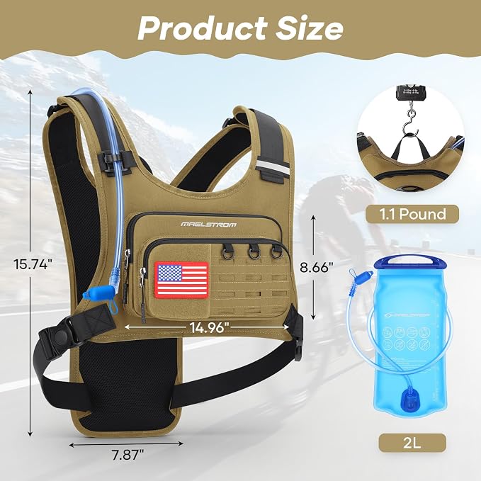 Maelstrom Hydration Vest with 2L Water Bladder Backpack for Running Hiking | Chest Pack, BPA-free, High Flow Bite, Reflective Stripe, Helmet Buckle, Detachable, Breathable Pad, for Cycling, Marathon