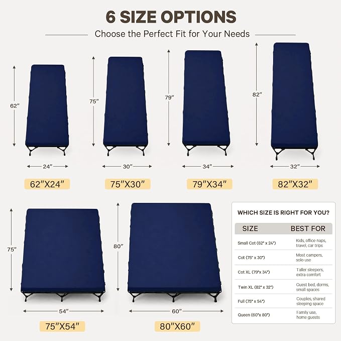 CYMULA Camping Cot Pad 2 Inch Memory Foam, Camping Pad for Folding Cot and Foldable Cot, Portable Roll Up Camp Gear for Car Camping Travel Tent, Non-Slip Waterproof Bottom, Removable Cover, Pad Only