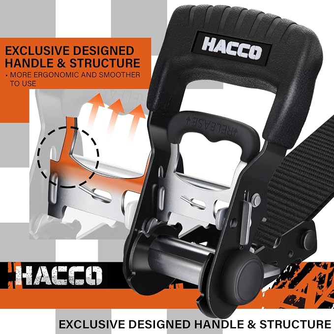 HACCOPLANET Ratchet Straps, 5280lb Break Strengeth, 1.6" Heavy Duty Ratchet Tie Down Strap Set w/Padded Handle, S Hook, Soft Loop for UTV Motorcycle Truck Cargo Straps (Black, 8FT)