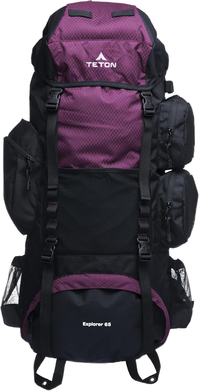 Teton 65L Explorer Internal Frame Backpack for Hiking, Camping, Backpacking, Rain Cover Included, Huckleberry