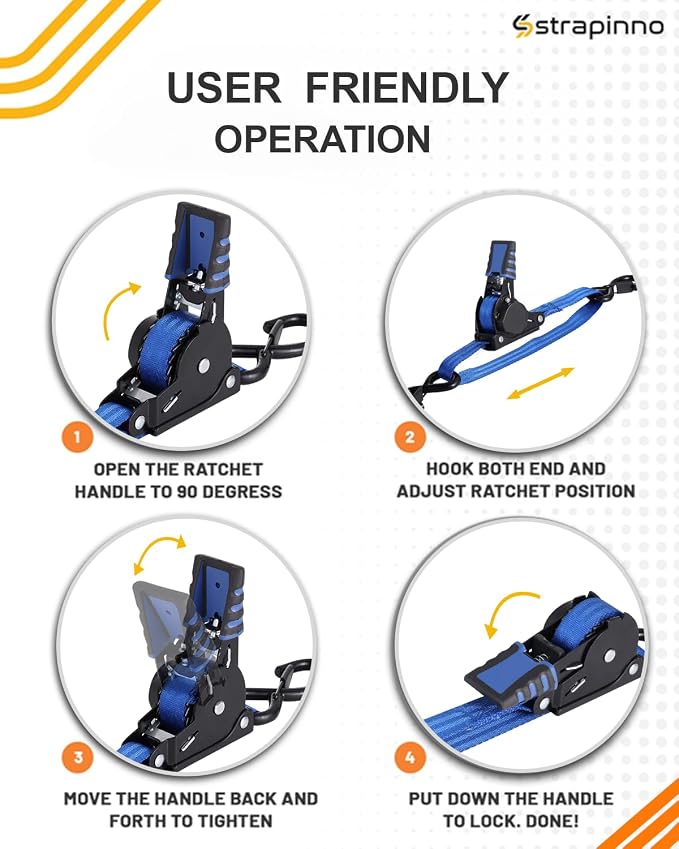 Strapinno Retractable Ratchet Straps - 1 in x 4 ft Heavy Duty Adjustable Boat Transom Tie Down, 2PCS, 2400lbs Breaking Strength, Safety S Hooks, for Boat, Jetski, Seadoo, Waverunner, and PWCs (Blue)
