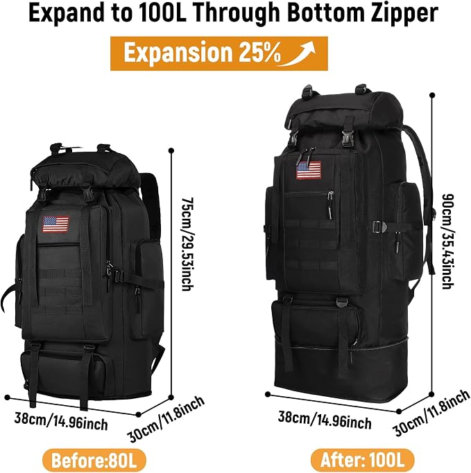 JUMAHE 100L Hiking Backpack for Men - Rucksack Molle Military Tactical Waterproof Lightweight Camping Backpack 3 Day Assault Pack for Travel, Climbing, Backpacking