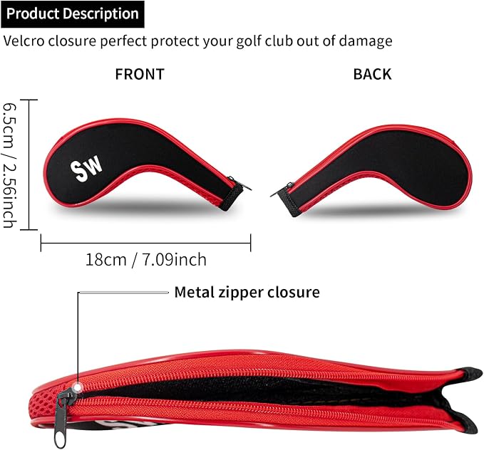Golf Club 12pcs Thick Synthetic Zipper Long Neck Set Headcover Fit The Most Brands, Side Number Golf Iron Club Head Cover LW SW PW Covers #3,4,5,6,7,8,9