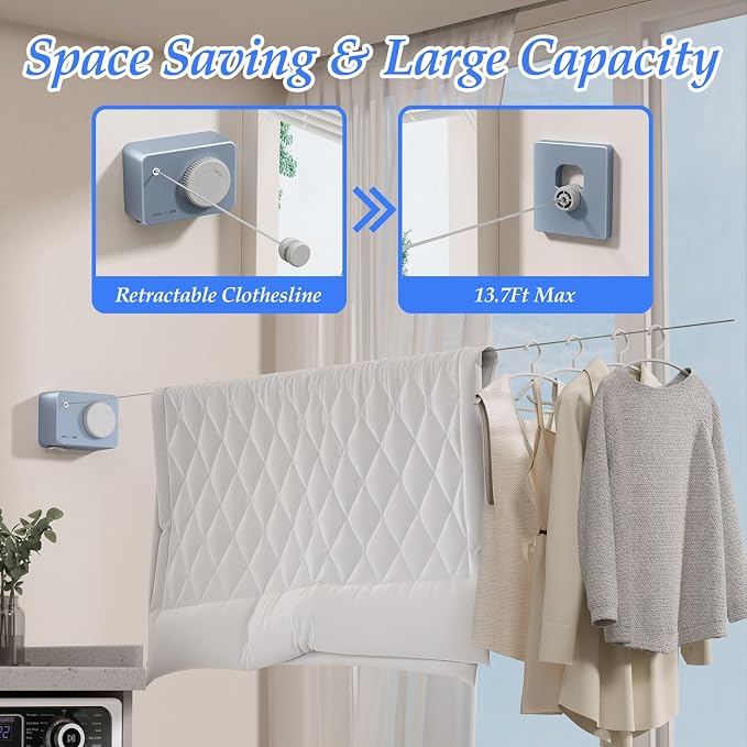 Danpoo Retractable Clothesline Heavy Duty - 13.8ft Adjustable Tension Wall Mounted Indoor Outdoor Clothes Drying Line, Compact Laundry Rope with Pulley System (Blue)