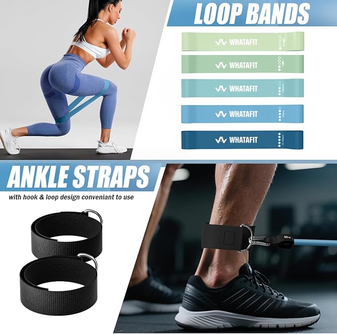 WHATAFIT Resistance Bands, Exercise Bands, Workout Bands with Handles, Door Anchor and Ankle Straps, 5 Resistance Levels Fitness Bands for Strength Training, Physical Therapy, and Home Gym Equipment