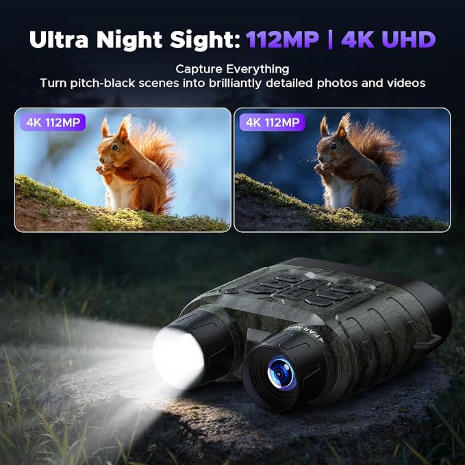 Night Vision Goggles, 4K Night Vision Binoculars, 112MP Infrared Binoculars, 12X Digital Zoom 5000mAh Rechargeable Battery with 64GB Card, External Flashlight 1500ft View Range Tech Gadgets Telescope