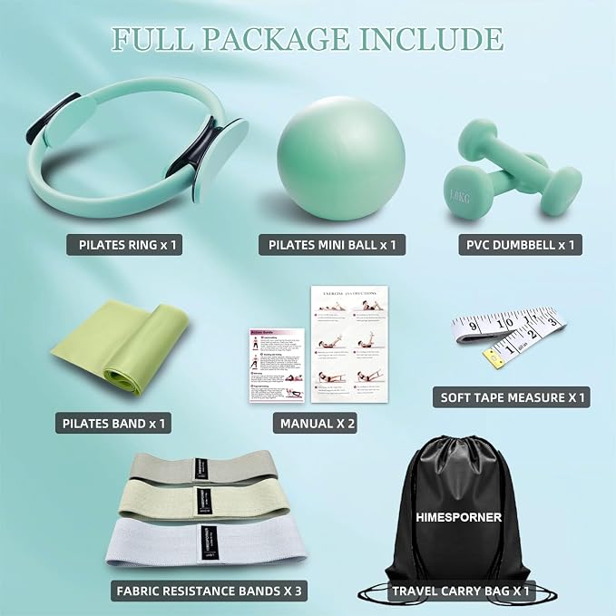 HIMESPORNER Pilates Equipment Kit for Home Workout, Pilates Ring and Ball Set with 2.2lb *2 Dumbbells, Fabric Resistance Bands, Tape Measure, Bag, Pilates Essentials Accessories for Women Yoga