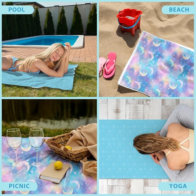 2 Pcs Microfiber Beach Towel Sand Free Quick Dry Oversized Absorbent Dreamy Celestial Galaxy Moon Stars Pattern Blue Pink Purple Swim Towels for Adults 71 x 32 Inches