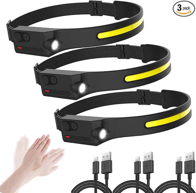 LED Headlamp Rechargeable with Motion Sensor USB Head Lamp Comfortable Headband with Wide Beam 5 Modes 350 Lumen Ultra Bright Flashlight Head light for Outdoor Camping Hiking Running Work Pack of 3