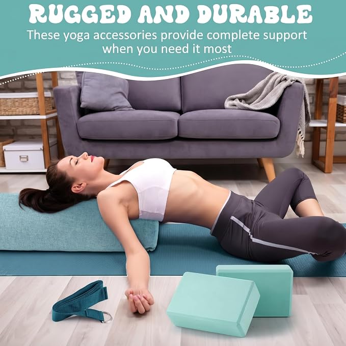 4 Pcs Yoga Bolster Pillows Blocks with Strap Set Comfortable Meditation Pillow with Carry Handle for Restorative Non Slip Reusable Yoga Blocks for Balance, Pilates, Washable Cover