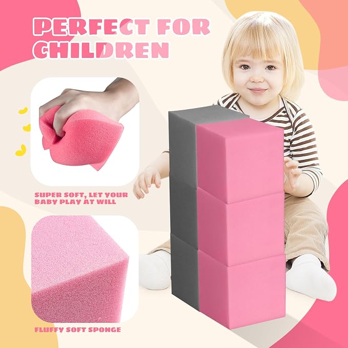 Foam Pit Cubes, 24 PCS 5 Inches Gymnastics Foam Blocks Trampoline Blocks, Multi-Sport Protective Padding for Gymnastics, Trampoline, Parkour, Skate Parks & BMX - Dark Grey & Pink