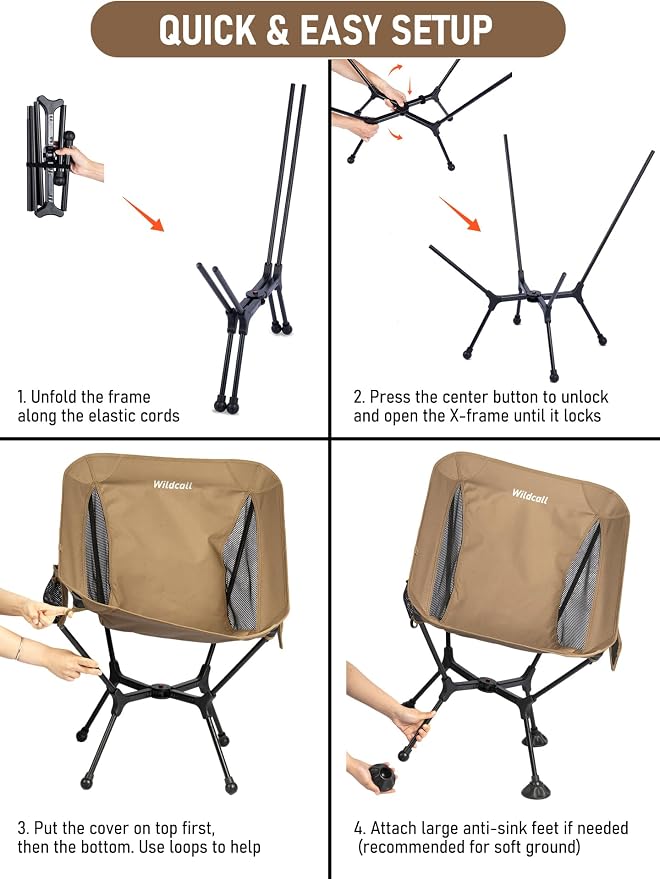 WildCall Lightweight Folding Camping Chair Quick Setup Frame Beach Chair Compact Backpacking Chair with Anti-Sink Feet