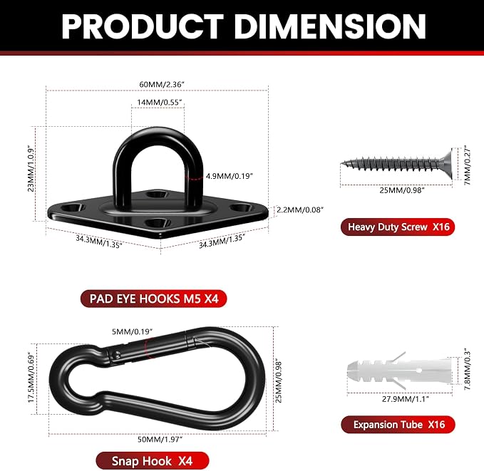 sprookber 304 Stainless Steel Pad Eye Snap Hooks, M5 Heavy Duty Ceiling Hooks, 500 lb Capacity Hammock Swing Hanging kit, Plant Hangers, Marine Hardware Staple Hook Loop with Screws, Set of 8(Black)