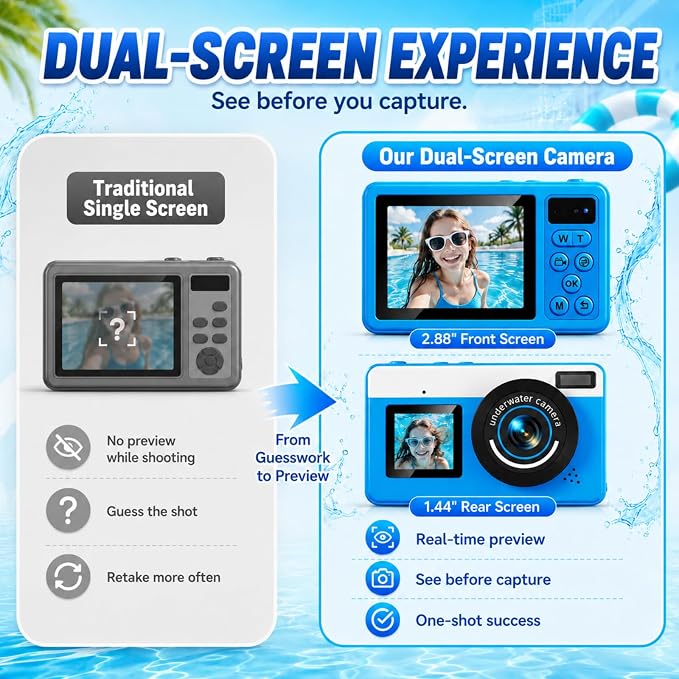 Maxmango D70 4K Underwater Digital Camera - 48MP 10FT Waterproof Camera for Snorkeling - Dual Screen Selfie Compact Floatable Camera with 16GB Card - Point and Shoot Digital Cam 1200mAh Battery -Blue